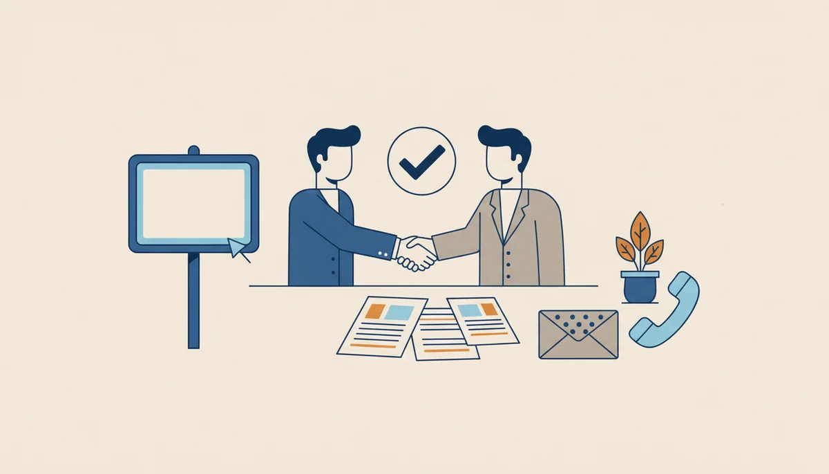 Dos profesionales se dan la mano sobre documentos contables en una oficina de Minneapolis, representando la confianza y credibilidad B2B en el trabajo profesional.