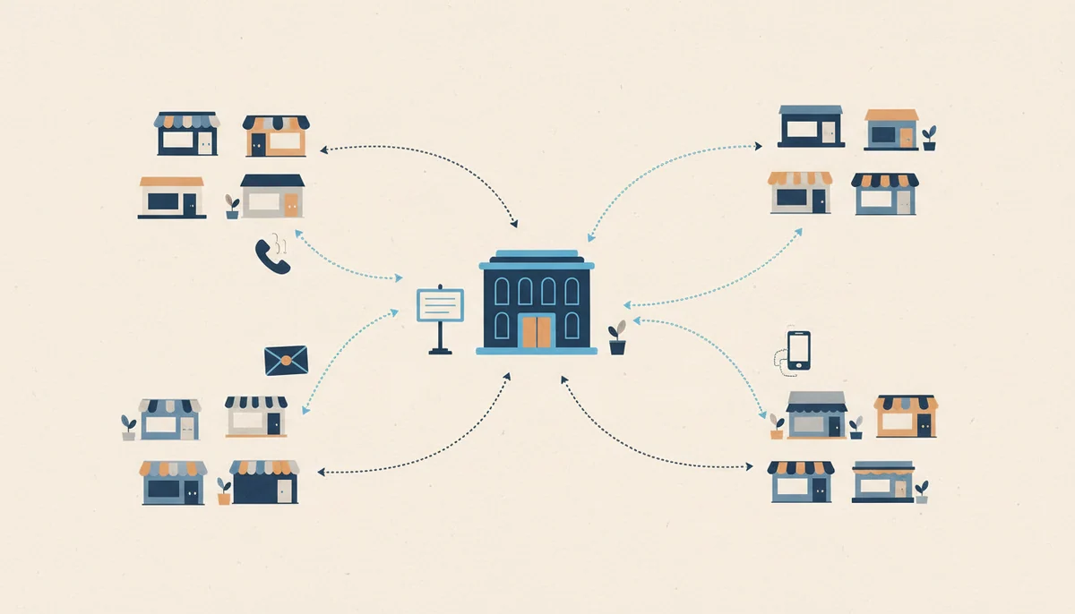 Un diagrama de un sistema de referencias B2B, mostrando conexiones comerciales extendiéndose por Minneapolis, ilustrando el método de adquisición de clientes de una firma de contabilidad.