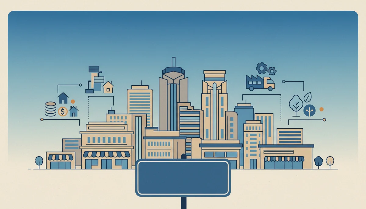 El horizonte de Minneapolis al anochecer, con una superposición de íconos de la industria que muestran la red de clientes de la firma de contadores en toda la ciudad.